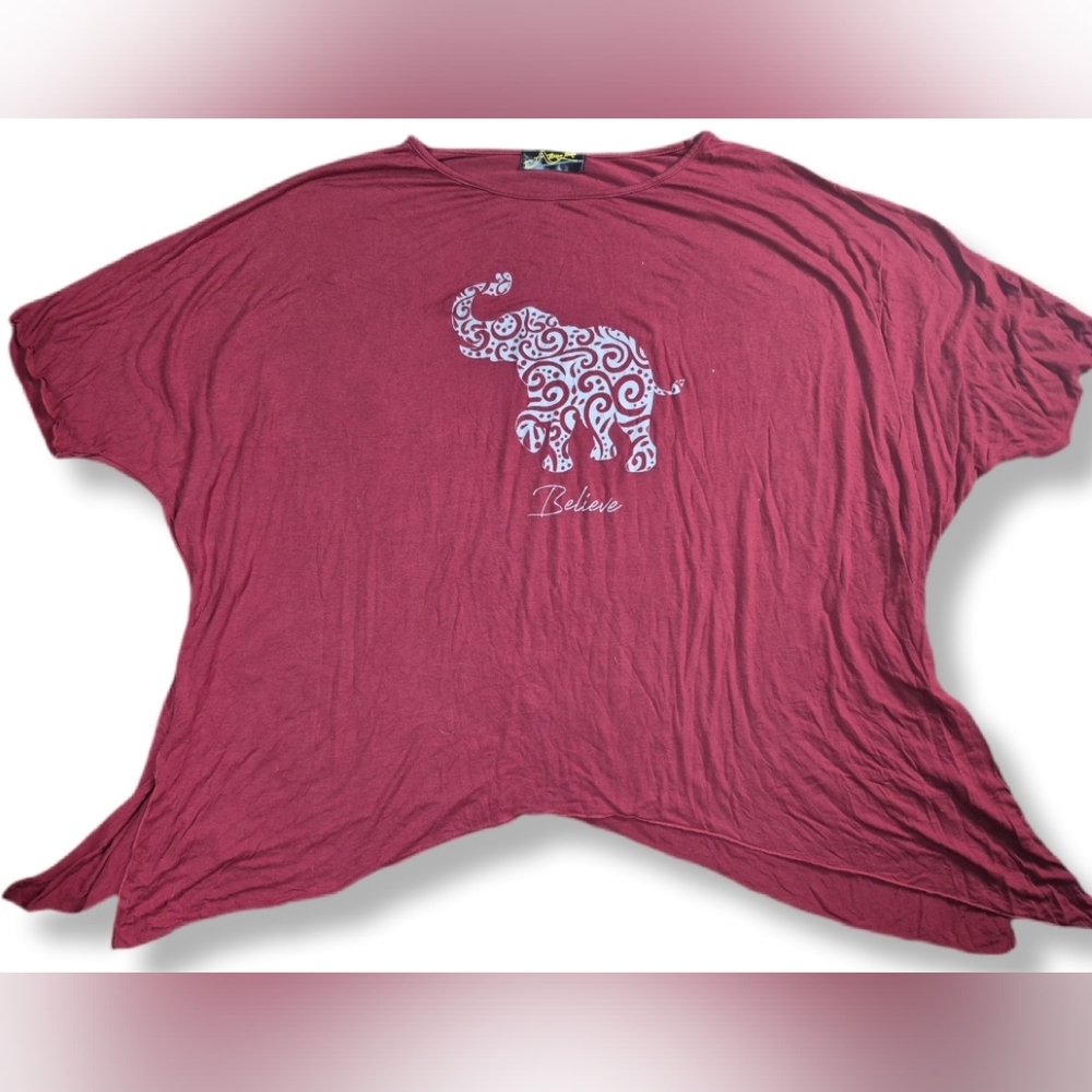 Astoria Born Women's Oversized Stretch Maroon Top With Elephant Design